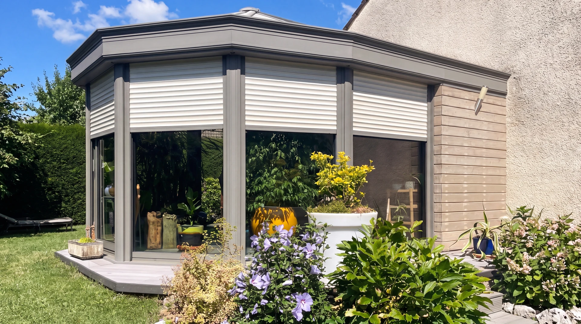 Véranda moderne à pans coupés, structure aluminium gris anthracite, vitrages larges avec volets roulants intégrés blanc cassé partiellement déployés